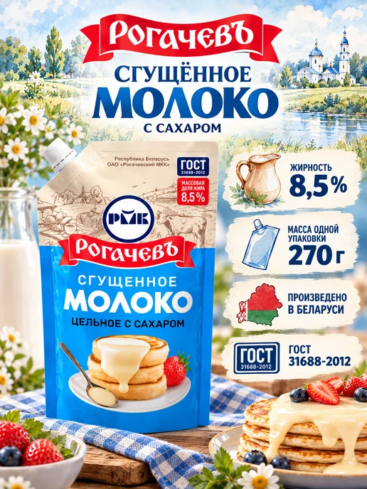 Рогачевъ Молоко сгущенное с сахаром 8,5% дой-пак 2шт по 270 г, 4 шт, 270 г, фото 7