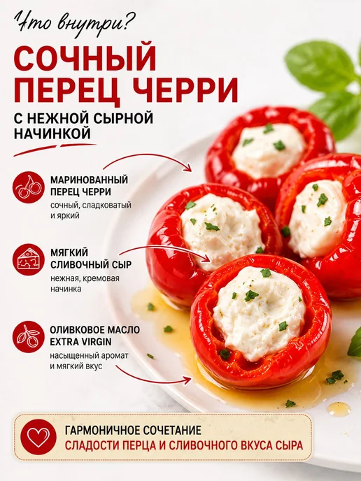 Перец Черри фаршированный сливочным сыром в оливковом масле, зеленый, фото 2