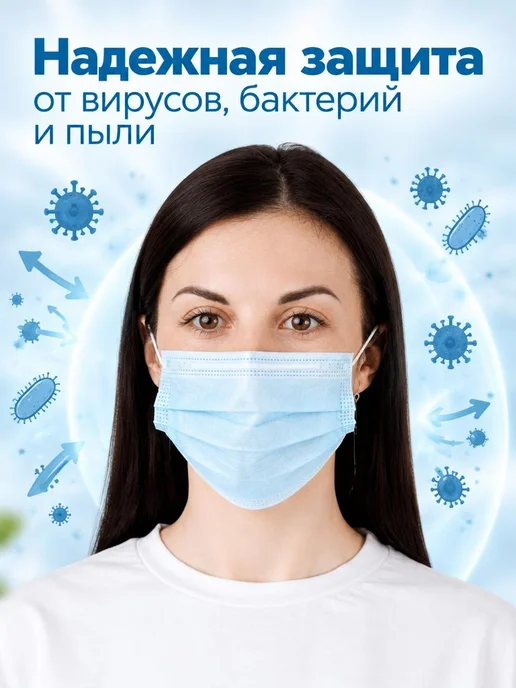 Маска медицинская одноразовая трехслойная 50 шт. (черная), голубой, фото 4