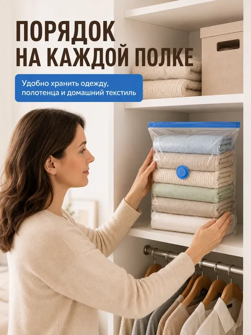 Вакуумный пакет для одежды с клапаном без насоса 50х70х32см, 50x70x32 см, фото 2