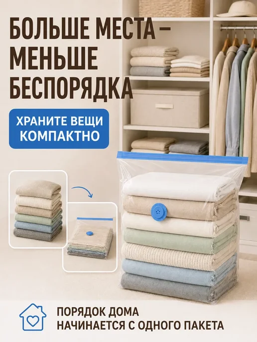 Вакуумный пакет для одежды с клапаном без насоса 50х70х32см, 50x70x32 см, фото 4