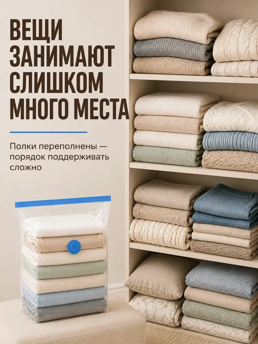 Вакуумный пакет для одежды с клапаном без насоса 50х70х32см, 50x70x32 см, фото 5
