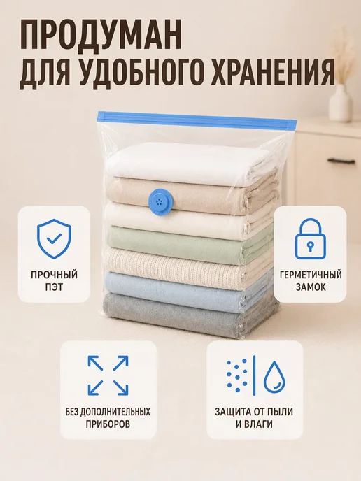 Вакуумный пакет для одежды с клапаном без насоса 50х70х32см, 50x70x32 см, фото 7