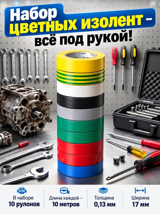 Набор изолент 10 шт цветная 10м, 10 шт, 10 м