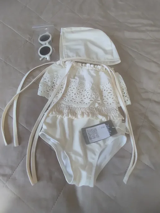 Onebrand Купальник детский слитный с кружевом, бежевый, фото 3
