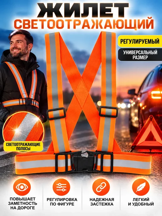 Шик+ Светоотражающий жилет автомобильный регулируемый, оранжевый