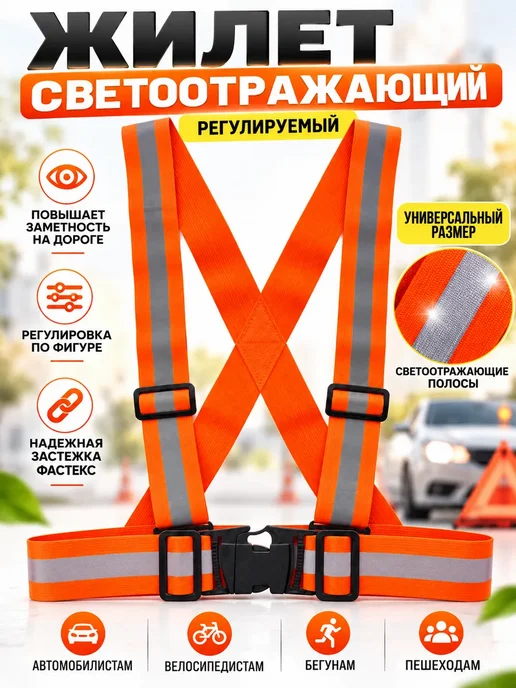 Шик+ Светоотражающий жилет автомобильный регулируемый, оранжевый, фото 2