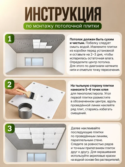 Плитка потолочная пенопластовая 50х50 белая 8шт 2м², 50x50, 64 шт, фото 8