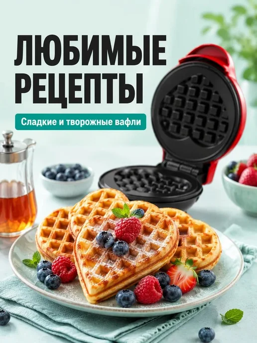 Минивафельница красная в форме сердца, красный, фото 6
