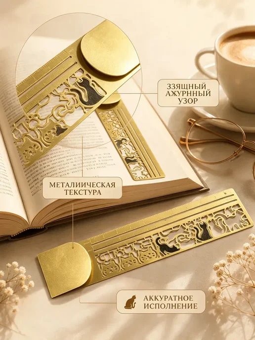 Металлические закладки для книг 2 шт с линейкой коты, 2 шт, фото 3