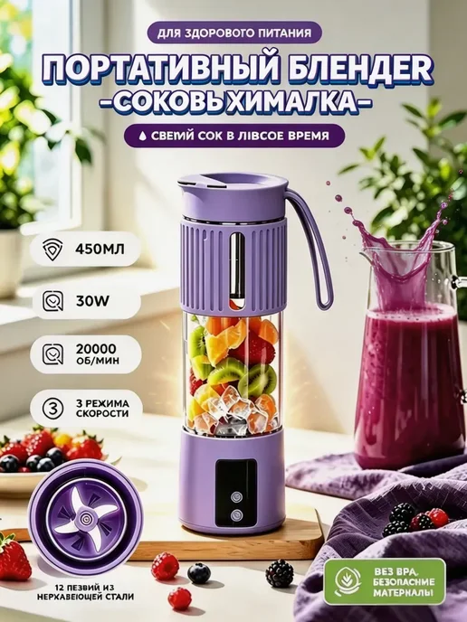 Портативный блендер стакан 450 мл беспроводной, мини с тремя, 450 мл, фото 6