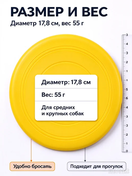 Мягкое фрисби для собак TPR, диаметр 17,8 см, желтый, фото 4
