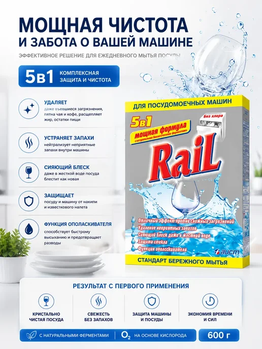 Порошок для посудомоечных машин Rail (Рейл) 5в1, 600 г, 1,8 кг, фото 4
