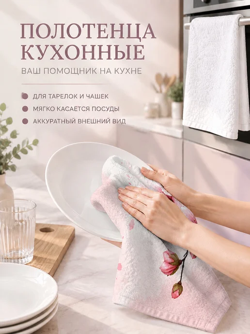 Полотенце кухонное с цветами для посуды и рук мягкое, вариант, фото 3