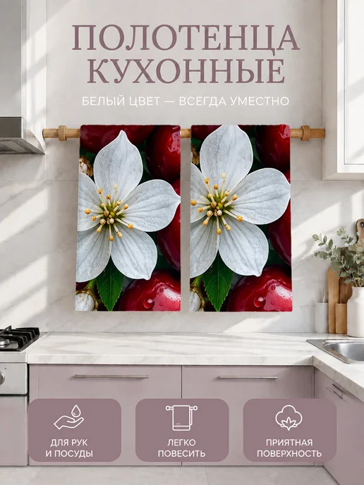 Полотенце кухонное с принтом цветы для посуды, вариант