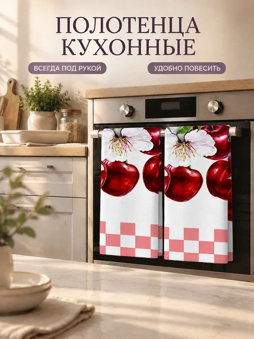 Полотенце кухонное с принтом вишня для посуды быстросохнущее, вариант, фото 7