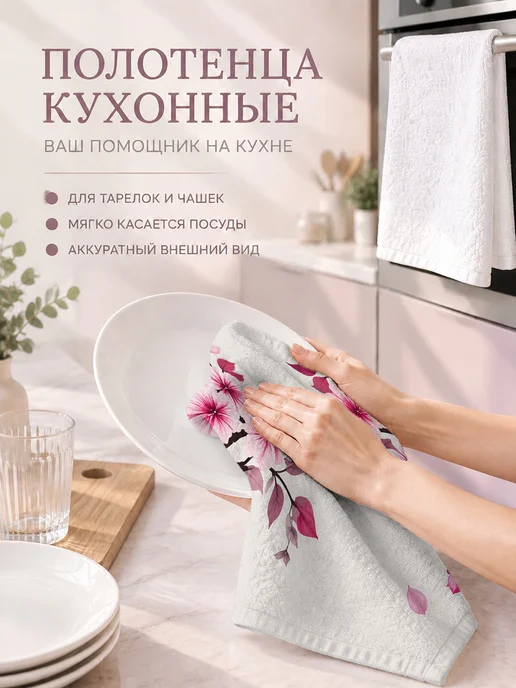 Полотенце кухонное с цветами для посуды, 40x60 см, фото 3