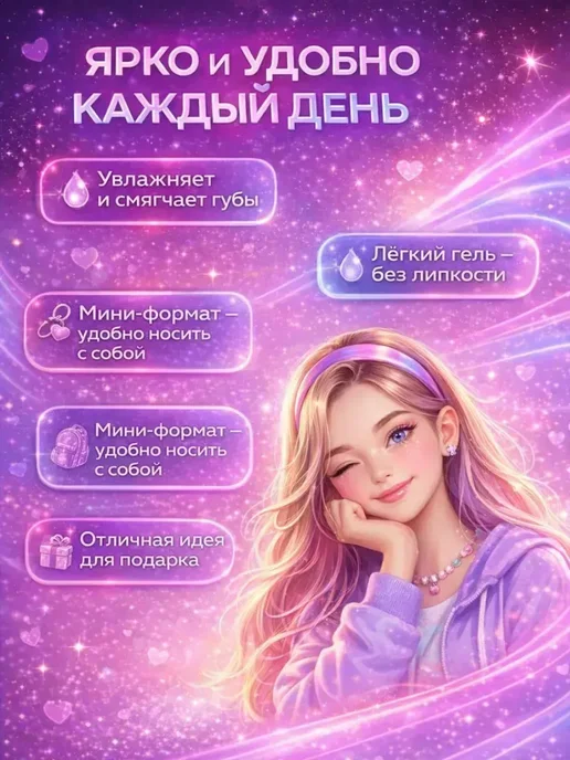 Блеск для губ с блестками для девочек прозрачный, прозрачный, фото 2