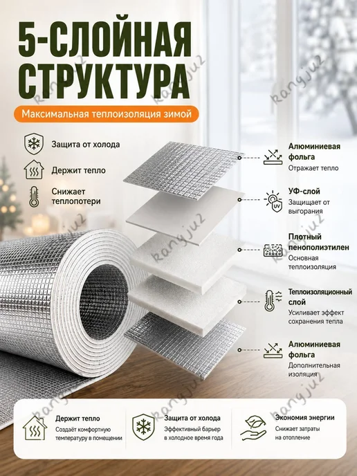 Фольгированный утеплитель 40300 см, 3,5 мм, двусторонняя для, вариант, фото 3