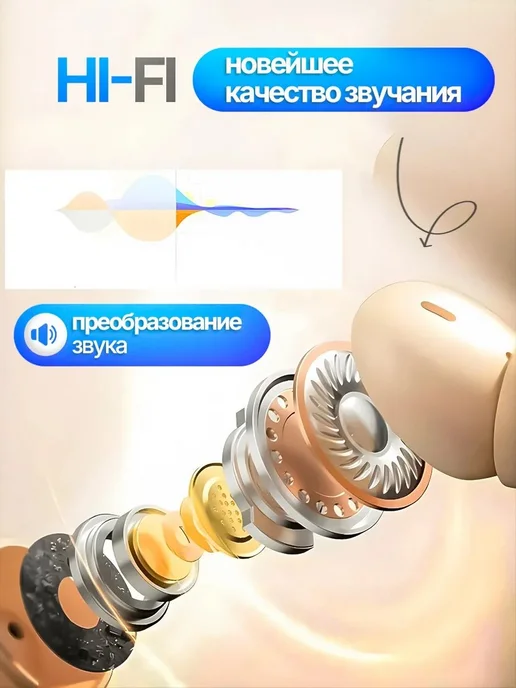 Наушники беспроводные вакуумные bluetooth сенсорные, бежевый, фото 3