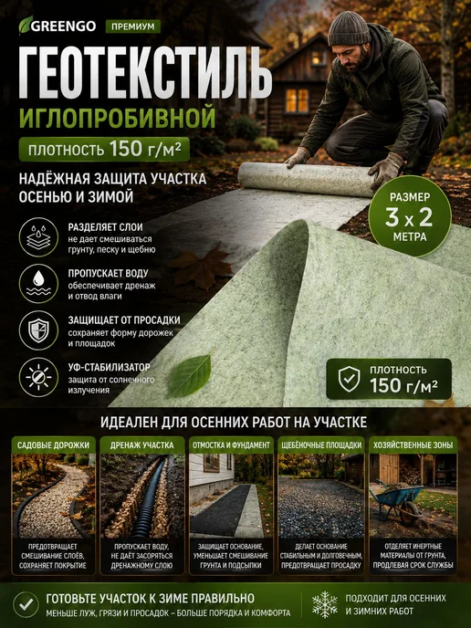 Геотекстиль иглопробивной 3х2 м, 150 г м, с УФ-стабилизаторо, 3x2 м, 150 г