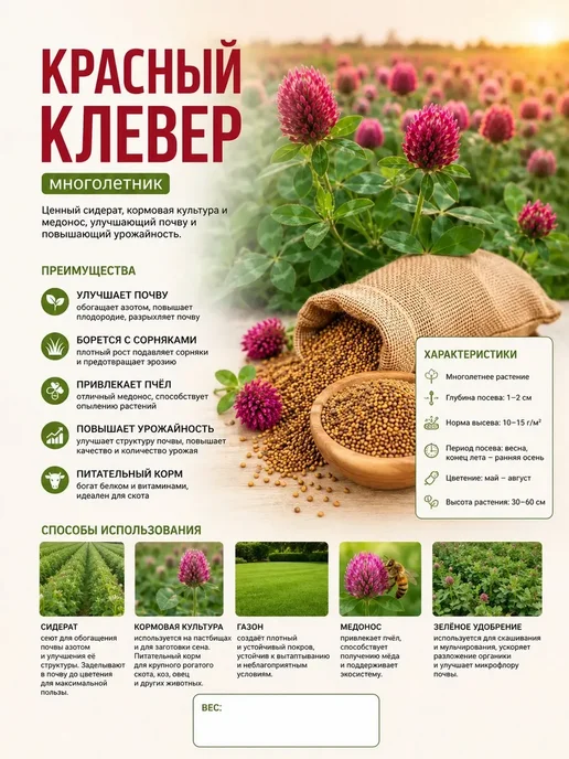 Красный клевер сидерат газон, красный, фото 2