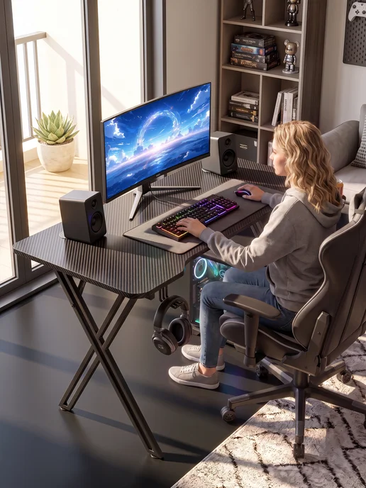 JACKSUN Стол компьютерный игровой с RGB и ковриком для мыши 140CM, черный, в упаковке 13 кг, фото 8