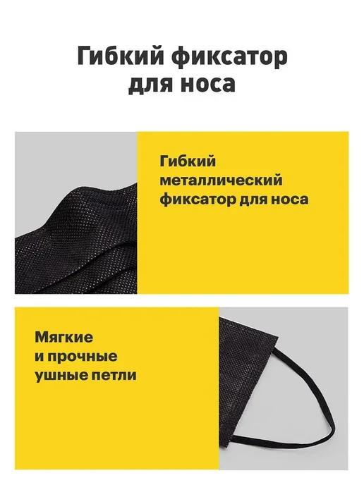 Маски медицинские черные одноразовые трехслойные для лица 100 штук, 100 шт, фото 4
