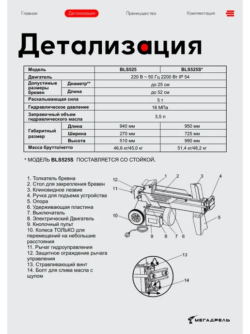 BRAIT Дровокол электрический BLS525S + клин, красный, фото 3