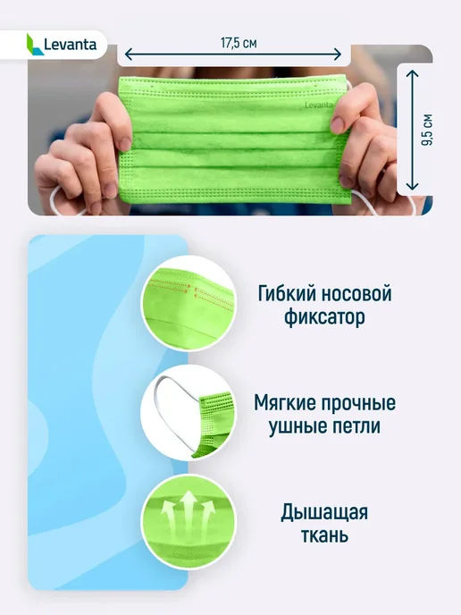 Маски медицинские одноразовые, зеленый, фото 3
