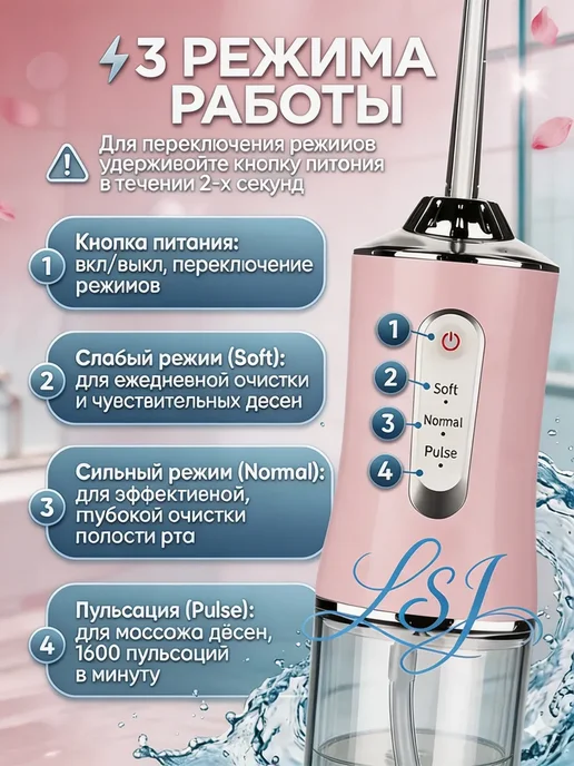 Беспроводной ирригатор для зубов, дорожный, USB зарядка, розовый, фото 2