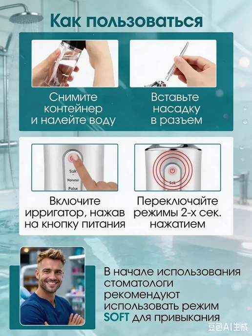 Беспроводной ирригатор для зубов, дорожный, USB зарядка, белый, фото 4