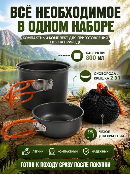 FranklinMIX Туристический набор посуды с котелком для походов для дома, черный, фото 2