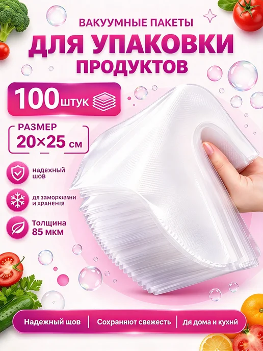 Вакуумные пакеты для продуктов, 20х25, 100 шт, 20x25, 100 шт