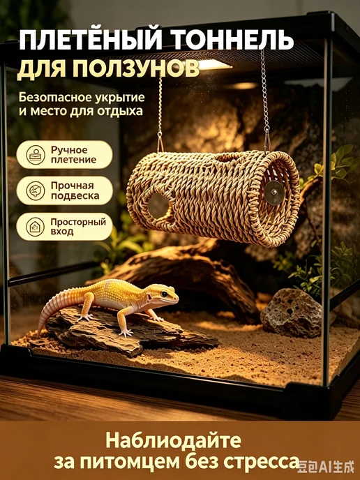 Плетёный туннель для рептилий подвесной, вход сбоку и сверху, красный