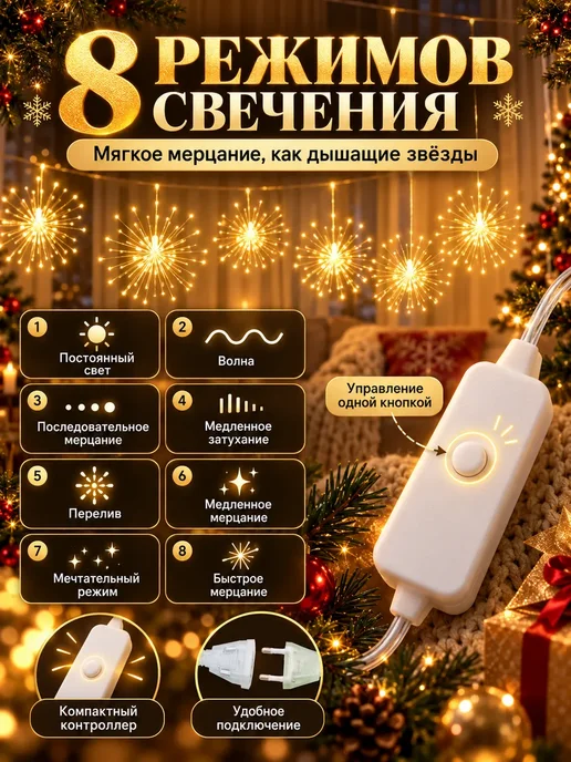 Новогодняя гирлянда фейерверк 3м, 3 м, фото 4