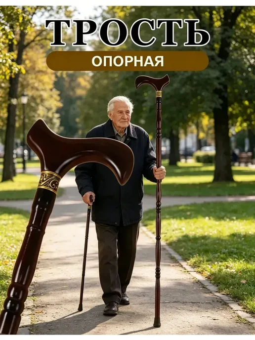 Трость опорная деревянная, с антискользящим наконечником, коричневый, фото 2