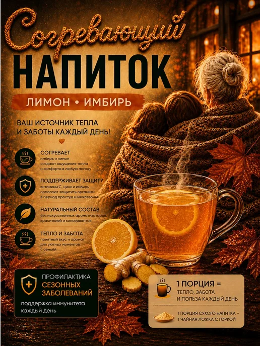 Согревающий напиток лимон имбирь порошок с цинком 60 порций, вариант, фото 3