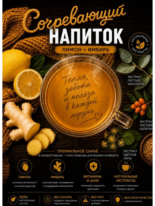 Согревающий напиток лимон имбирь порошок с цинком 60 порций, вариант, фото 6