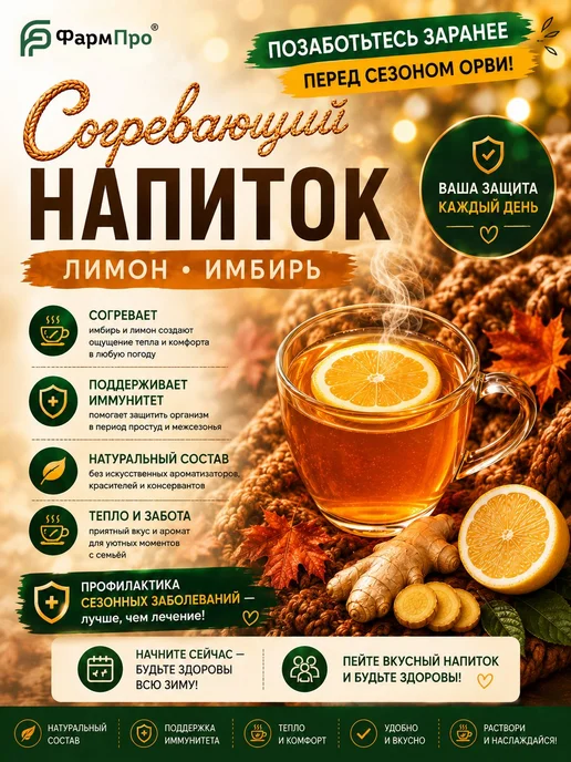 Согревающий напиток лимон имбирь порошок с цинком 60 порций, вариант, фото 7