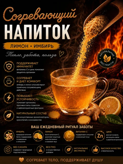 Согревающий напиток лимон имбирь порошок с цинком 60 порций, вариант, фото 8