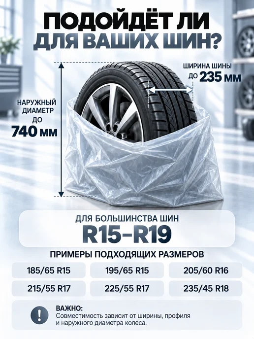 Пакеты для шин R15-R19 и колес 4 шт, 75х105 см, ПНД 20 мкм, 75x105 см, 4 шт, фото 2