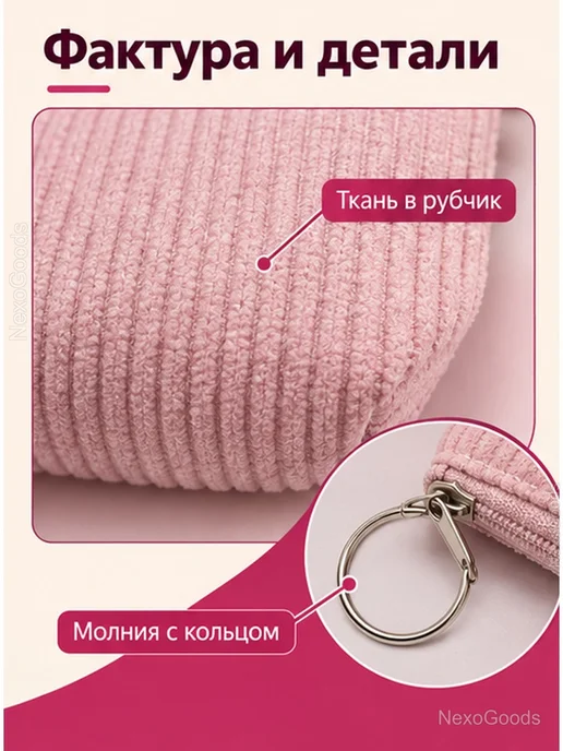 Кошелек-монетница из вельвета на молнии с кольцом, розовый, фото 4