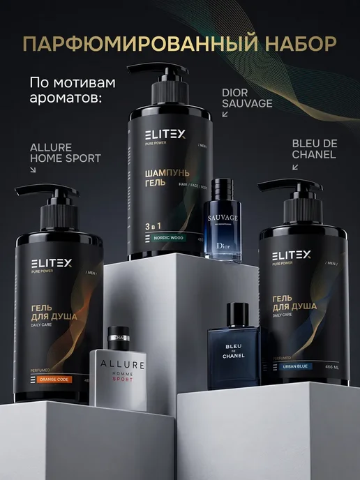 ELITEX Набор гель шампунь для душа мужской парфюмированный 3в1, вариант