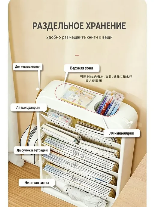 Мобильный стеллаж для книг на колёсиках, белый, фото 2