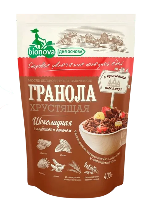 Bionova Гранола хрустящая Шоколадная с клубникой и бананом, 400г, 400 г, фото 2