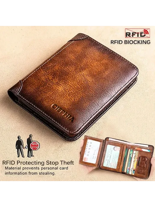 Мужской Кожаный Кошелек С RFID-защитой, Винтажный, Для Удост, черный, фото 2