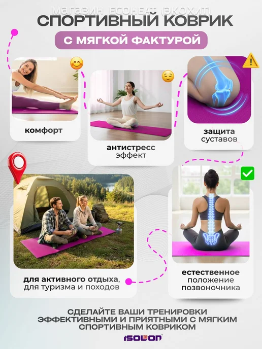 Коврик для йоги и фитнеса ОПТИМА 8 180х60 см. с 2 в, 180x60 см, фото 3