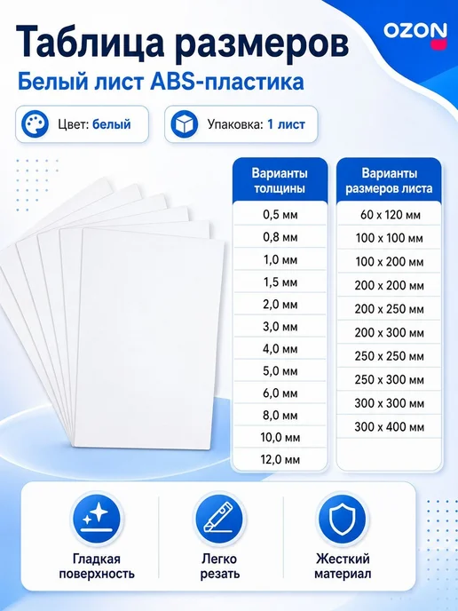 Белый лист ABS-пластика 1.5x300x400 мм, пластина для моделир, 1.5x300x400 мм