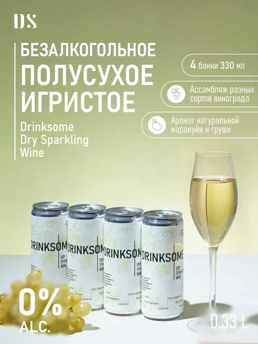 Безалкогольное шампанское сухое брют, Drinksome Dry, вариант